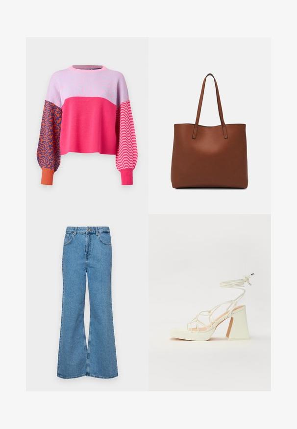 ONLY ONLHILLA MIX BOX O NECK - Vesta - raspberry sorbet; Svijetloplave traperice s flared nogavicama, visokog struka, s pet džepova i jednim dugmetom za zatvaranje. Mekani materijal s izblijedjelim izgledom.; Bijela sandala na visokoj potpetici s debelim petom, s remenom i vezanjem oko gležnja. Glatka tekstura s platformom sprijeda za dodatnu visinu.; Smeđa kožna torba preko ramena s glatkom teksturom, otvorenim vrhom i dvjema naramenicama. Ima minimalne šavove i nema vidljivog hardvera.