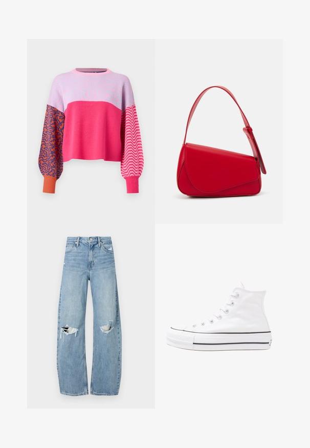ONLY ONLHILLA MIX BOX O NECK - Camisola - raspberry sorbet; Jeans de lavagem clara, de cintura alta, feitos de denim. Apresentam pernas largas, duas áreas rasgadas nos joelhos e o estilo clássico de cinco bolsos.; Sapatilha alta de tela branca com sola de borracha preta, bico de borracha na frente e seis ilhós para os atacadores, apresentando um design limpo e minimalista.; Bolsa de mão em couro vermelho com um design angular e geométrico. Apresenta uma única alça ajustável e um fecho com aba, com detalhes cosidos.