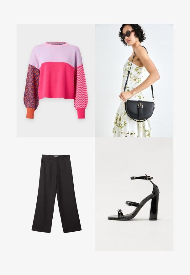 ONLY ONLHILLA MIX BOX O NECK - Strickpullover - raspberry sorbet; Schwarze weite Hosen aus glattem Stoff, mit einem Reißverschluss vorne und zwei seitlichen Taschen, maßgeschneiderter Passform und minimalistischem Design.; Schwarze patentierte Sandalen mit Absatz, quadratischer Spitze, Knöchelriemen und silbernen Schnallen. Mit einem stabilen Blockabsatz für mehr Stabilität.; Schwarze Lederhandtasche mit geschwungener Form, abnehmbarem Tragegurt und goldenen Beschlägen. Die Tasche verfügt über einen Deckel mit einer Schnallen-Details.