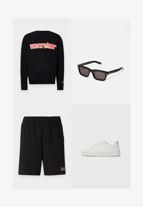 Svart hettegenser med et fargerikt "iskrem"-grafikk i gult og rosa. Har ribbestrikket rund hals og mansjetter, med et lite iskremikon på ermet.; Sorte treningsshorts laget av mykt stoff, med elastisk midje og en liten gul EA7-logo nederst på venstre ben.; Hvite lærersneakers med en jevn overflate, rund tå, flate lisser og en teksturert såle. Har en subtil logo på hælen.; Sorte rektangulære solbriller med mørke linser, tykk plastikkramme, gullaccenter på skulderpartiet og merkevarelogo gravert på armen.
