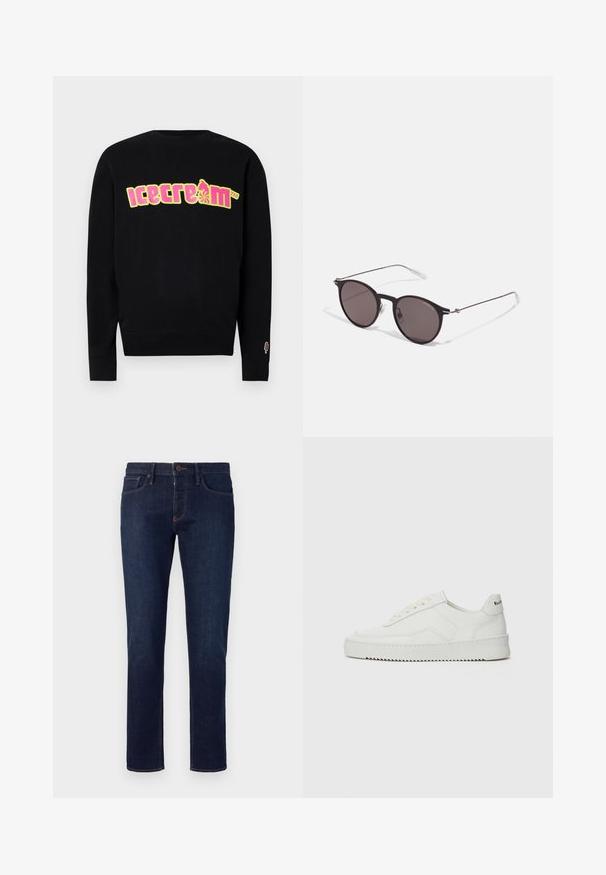 Felpa nera con una grafica colorata "gelato" in giallo e rosa. Presenta un colletto e polsini a coste, con una piccola icona di gelato sulla manica.; Emporio Armani 5 POCKETS PANT - Jeans slim fit - blue denim; Sneaker in pelle bianca con una finitura liscia, punta rotonda, lacci piatti e suola testurizzata. Presenta un logo discreto sul tallone.; Occhiali da sole neri rotondi con lenti scure e sottili bracci in metallo. Include punte trasparenti e accenti argentati alla cerniera. Design minimalista.