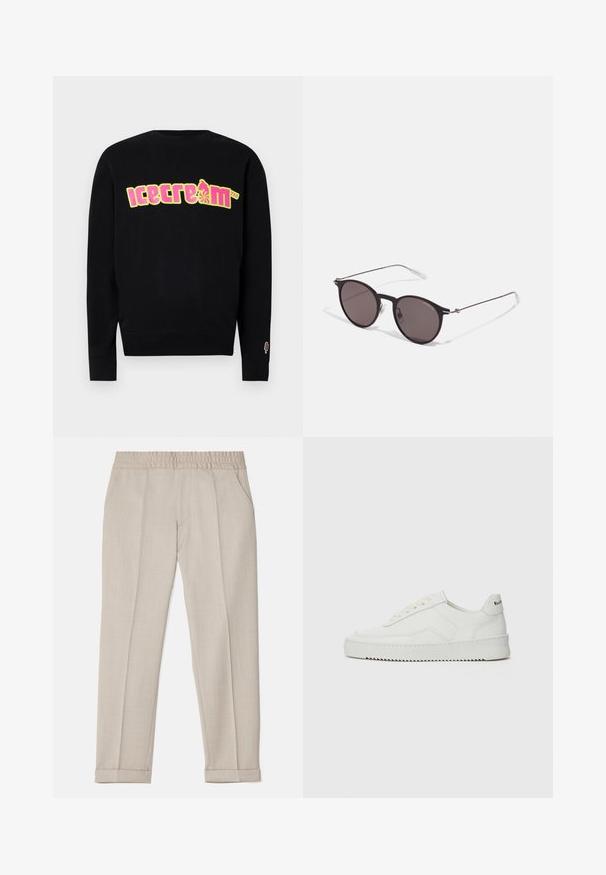 Sudadera negra con un gráfico colorido de "helado" en amarillo y rosa. Presenta un cuello y puños de canalé, con un pequeño ícono de helado en la manga.; Filippa K TERRY CROPPED TROUSERS - Pantalones - sage melange; Zapatilla de cuero blanca con un acabado suave, puntera redonda, cordones planos y suela texturizada. Cuenta con un sutil logo en el talón.; Gafas de sol redondas negras con lentes oscuros y brazos metálicos delgados. Incluye puntas de varilla transparentes y acentos plateados en la bisagra. Diseño minimalista.