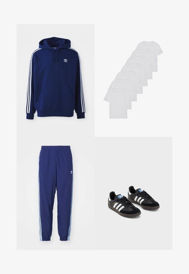 Sweatshirt azul marinho feito de mistura de algodão, com riscas brancas nas laterais, capuz com cordão ajustável e um bolso canguru na frente.; T-shirts brancos de algodão, mangas curtas, design de gola redonda, com textura lisa, empilhados em fila, com uma marcação subtil na gola.; Calças de desporto azul marinho com cintura elástica, bolsos laterais e listras azul claro nas laterais; feitas de tecido leve.; Sneakers pretos com parte superior em camurça e sintético, apresentando três riscas brancas, sola de borracha texturizada e etiqueta azul no linguete.