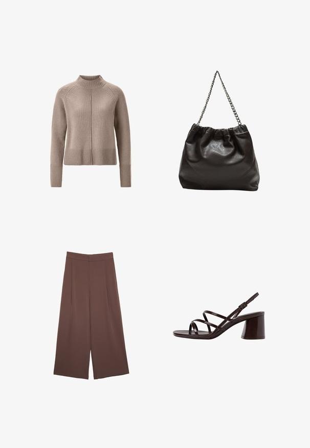 Beige knitted sweater with a high neck, ribbed hem and cuffs, featuring minimal detailing along the shoulders. Soft texture, relaxed fit.; Brown wide-leg trousers with a smooth texture, featuring a high waist and front pleats. The fabric is lightweight and flows loosely.; Brown strappy high-heel sandal with a chunky heel, featuring a smooth, glossy finish and multiple crisscross straps on the upper.; Brown leather bag with a gathered top and a chain strap. Smooth texture with a glossy finish and subtle seam detailing on the sides.