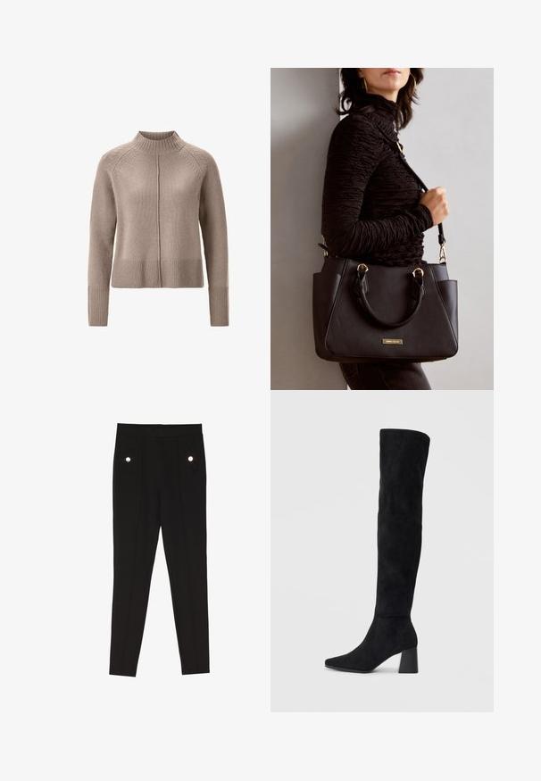 Beżowy sweter robiony na drutach z wysokim kołnierzem, prążkowanym dołem i mankietami, z minimalnymi detalami na ramionach. Miękka faktura, luźny krój.; Czarne spodnie w kant o gładkiej fakturze, z dwoma przednimi kieszeniami z ozdobnymi akcentami, w slim-fit.; Czarne zamszowe botki do kolan na kwadratowym obcasie, z wydłużonym noskiem i gładkim, bezszwowym wzorem na jednolitym jasnym tle.; Czarna torebka z teksturowanej powierzchni, podwójnymi uchwytami na górze i regulowanym paskiem na ramię. Posiada złote okucia i boczne kieszenie.