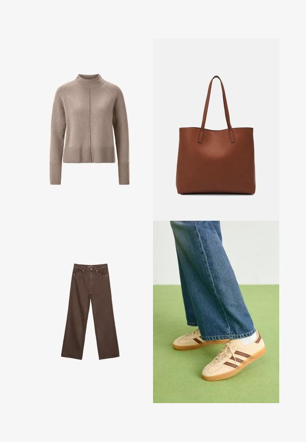 Beige knitted sweater with a high neck, ribbed hem and cuffs, featuring minimal detailing along the shoulders. Soft texture, relaxed fit.; Wide-leg brown jeans made of denim, featuring a high waist, front pockets, and a classic button closure. Smooth texture with subtle stitching.; Beige sneakers with textured cream panels and brown stripes, paired with blue denim jeans. The jeans have a wide leg and frayed hem.; Brown leather tote bag with a smooth texture, open top design, and two shoulder straps. Features minimal stitching and no visible hardware.