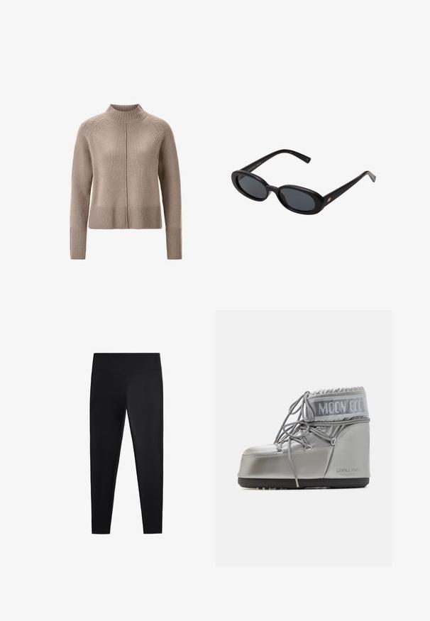 Beige knitted sweater with a high collar, ribbed hem and cuffs, featuring subtle textured patterns along the shoulders. Classic, straight fit design.; Black leggings made of smooth, stretchy fabric. Features a wide waistband and tapered leg design, suitable for active or casual wear.; Silver waterproof boot with a rounded shape, textured finish, and grey laces. Features a prominent "MOON BOOT" logo on the upper section.; Black oversized sunglasses with oval lenses, smooth plastic frame, and gold accents on temple. Dark lenses provide sun protection.