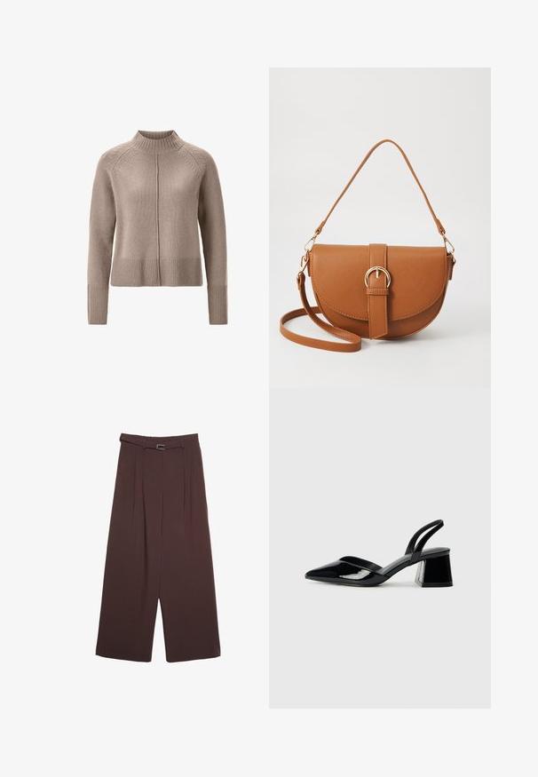 Maglione beige lavorato a maglia con colletto alto, orlo e polsini a coste, caratterizzato da motivi testurizzati sottili sulle spalle. Design classico a taglio dritto.; Stradivarius WIDE-LEG WITH BUCKLE DETAIL - Pantaloni - dark brown; Décolleté in vernice nera con punta affusolata e tacco in geometria cubica. Presentano un design elegante e minimalista, con una texture liscia.; Borsa a tracolla in pelle marrone con forma curvata, hardware dorato e un dettaglio con fibbia. Presenta una tracolla rimovibile.
