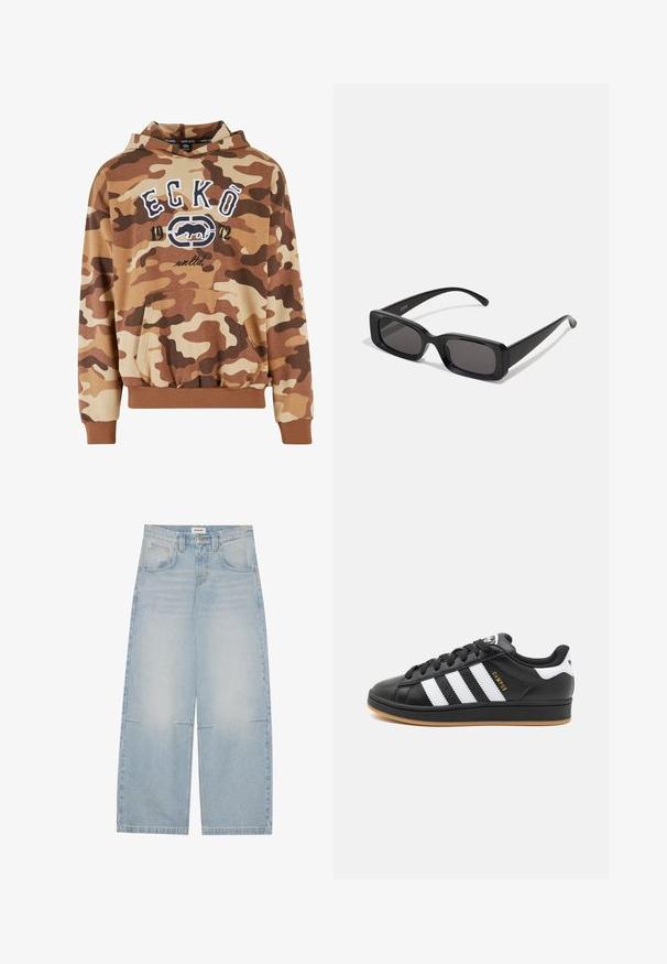Sudadera con capucha en camuflaje marrón, con un bolsillo frontal, puños elásticos y dobladillo. Presenta el texto gráfico en blanco "ECKŌ 1972" y un diseño de logo. Textura de tela suave.; Jeans de mezclilla de pierna ancha en azul claro con cintura alta, cinco bolsillos y un desvanecido sutil; cuenta con costuras en contraste y un cierre de botón.; Zapatilla negra con rayas blancas. Presenta un upper de cuero texturizado, cierre de cordones y una suela de goma. Logotipo "Campus" en dorado.; Gafas de sol rectangulares negras con lentes oscuros, acabado brillante, patillas anchas y un diseño de marco robusto. Nombre de la marca grabado en una de las patillas.