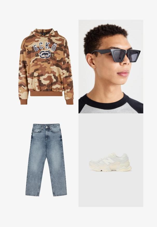 Brown camo hoodie with a front pocket, elastic cuffs, and hem. Features white graphic text "ECKŌ 1972" and a logo design. Soft fabric texture.; Light blue denim jeans with a straight leg cut, visible stitching, five pocket design, and a button closure at the waist.; Lightweight sneaker featuring a mesh and suede upper in soft cream tones, with a chunky sole and three-dimensional accents.; Black angular sunglasses with dark lenses, featuring a bold geometric design and a matte finish. Worn by a person with short hair.