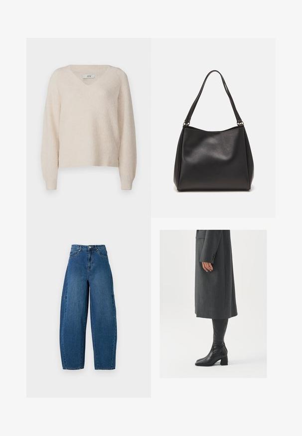 JDY JDYINGEBORG ADA LIFE V-NECK - Pulóver - pumice stone; Közepes kék mosású farmernadrág, magas derékkal, széles lábszárral és hagyományos öt zsebes kialakítással, látható varrási részletekkel.; Szürke, szabott overál, egyenes vonallal; térd fölé érő fekete bőrcsizmákkal párosítva, négyzetes orral és vastag sarokkal.; Fekete szintetikus bőr kézitáska puha tapintással, hobo forma, és dupla vállpánt; fényes felülettel és minimál stílussal rendelkezik.