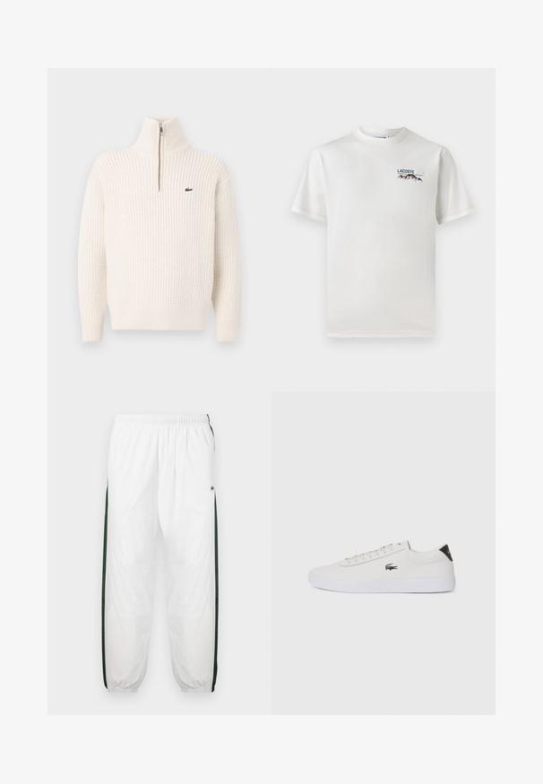 Krémszínű, texturált kötött pulóver negyedcipzárral, amelyen egy kis zöld hímzett krokodil logo található a mellrészen.; Fehér pamut póló kerek nyakkivágással, rövid ujjal és egy kis gépi hímzésű logóval, amely hegyeket és szöveget ábrázol a bal mellen.; Fehér sportnadrág sötétzöld oldalpanelekkel. Könnyű anyagból készült, rugalmas derékkal és gumis szegéllyel. Az oldalpaneleken hálós textúra található.; Fehér bőr sportcipő kerek orral, fűzős elülső résszel és fekete sarok akcentussal. Oldalán egy kis hímzett krokodil logóval rendelkezik.