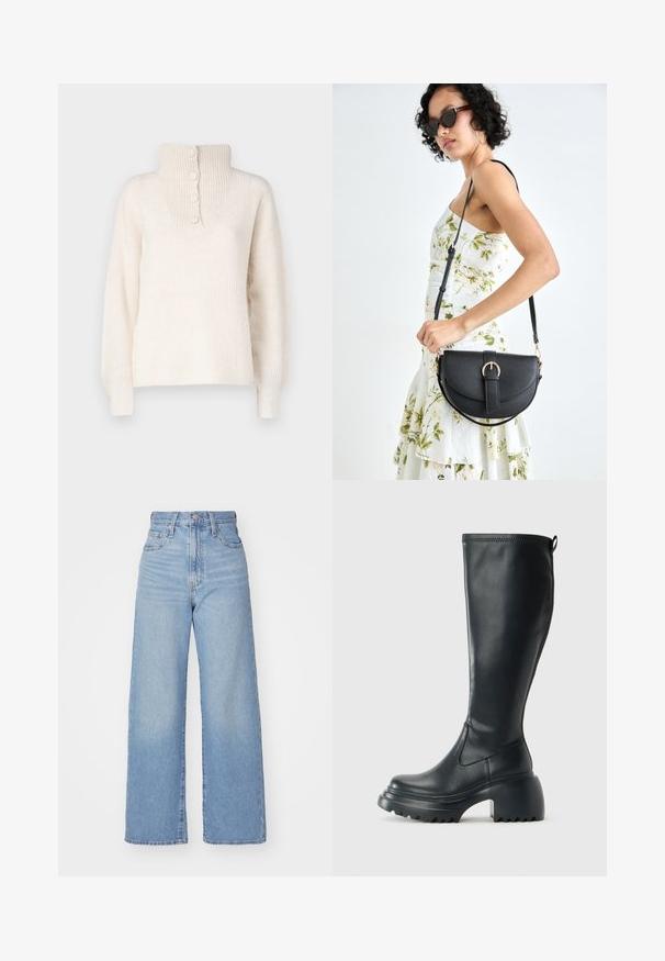 JDY INGEBORG LIFE - Pulóver - pumice stone; Világoskék, magas derekú, bő szárú farmernadrág, elülső gombbal és cipzárral, elülső és hátsó zsebekkel, fehér háttérrel.; Magas fekete bőrcipő, vastag platform talppal és blokk sarokkal, húzófüllel és texturált profillal az outsole-on.; Fekete bőrtáska ívelt formával, levehető pánttal és arany színű fémrészekkel. A táskán egy csattal díszített fedél található.