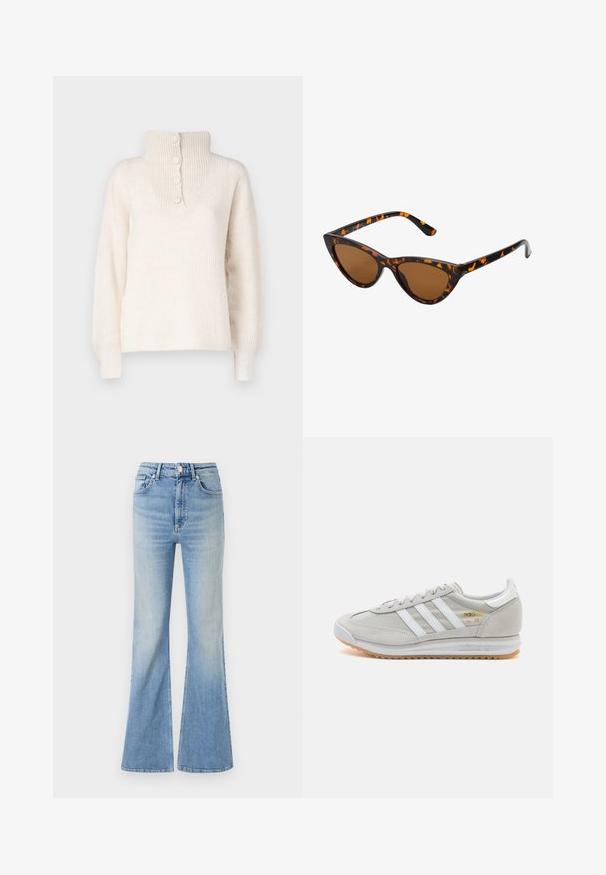 JDY INGEBORG LIFE - Jumper - pumice stone; Light blue flared jeans made of denim, featuring a high waist, five-pocket design, and subtle gradient fading towards the hem.; Light grey sneaker made of suede and mesh, featuring three white stripes, round toe, and a gum rubber sole. Gold logo accent near laces.; Cat-eye sunglasses with a black and orange tortoiseshell frame, brown lenses, and sleek, pointed tips. Features a minimal logo on the temple.
