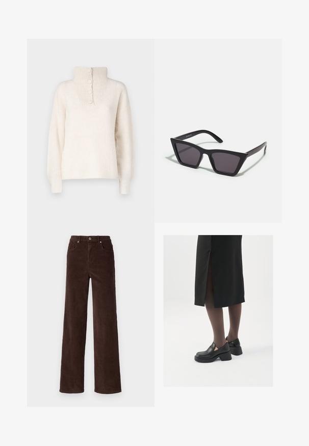 JDY INGEBORG LIFE - Maglione - pumice stone; Vero Moda VMTESSA WIDE PANTS - Pantaloni - chocolate torte; Scarpe in pelle nera con punta arrotondata, tacco spesso a blocco e accenti laterali in elastico, abbinate a collant scuri e una gonna nera con uno spacco.; Occhiali da sole neri e angolari con lenti grigie; realizzati in plastica, con aste spesse dalla superficie liscia e senza hardware visibile.