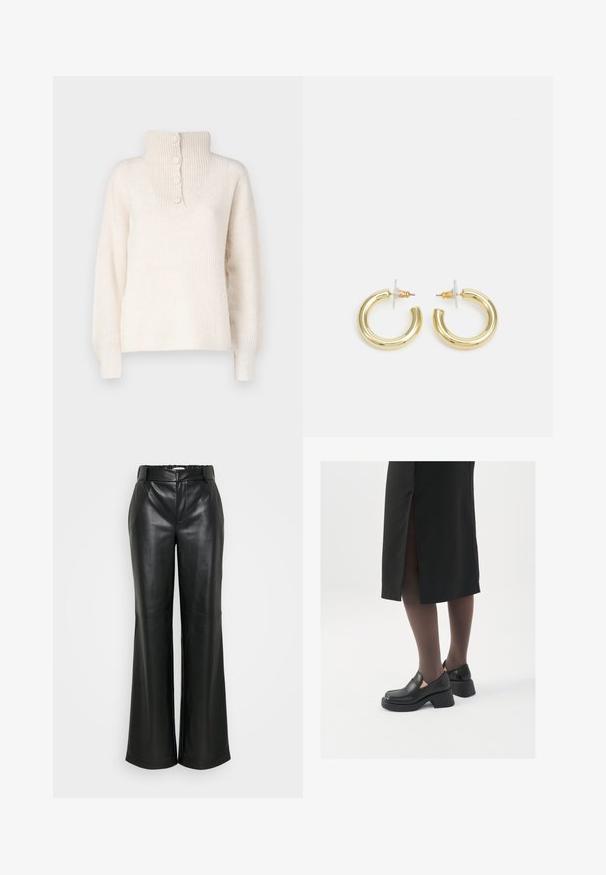 JDY INGEBORG LIFE - Džemper - pumice stone; ONLY Tall ONLSMOOTH WIDE - Püksid - black; Mustad mustad jalatsid ümmarguse varbaga, paksu plokkniidi ja elastsete külgdetailidega, kombineeritud tumedate sukkade ja musta lõhikuga seelikuga.; Kuldne rõngassõrmused sileda ja läikiva viimistlusega. Ringikujuline disain, millel on väike post ja selge tagumine külg, et tagada kindel kandmine.