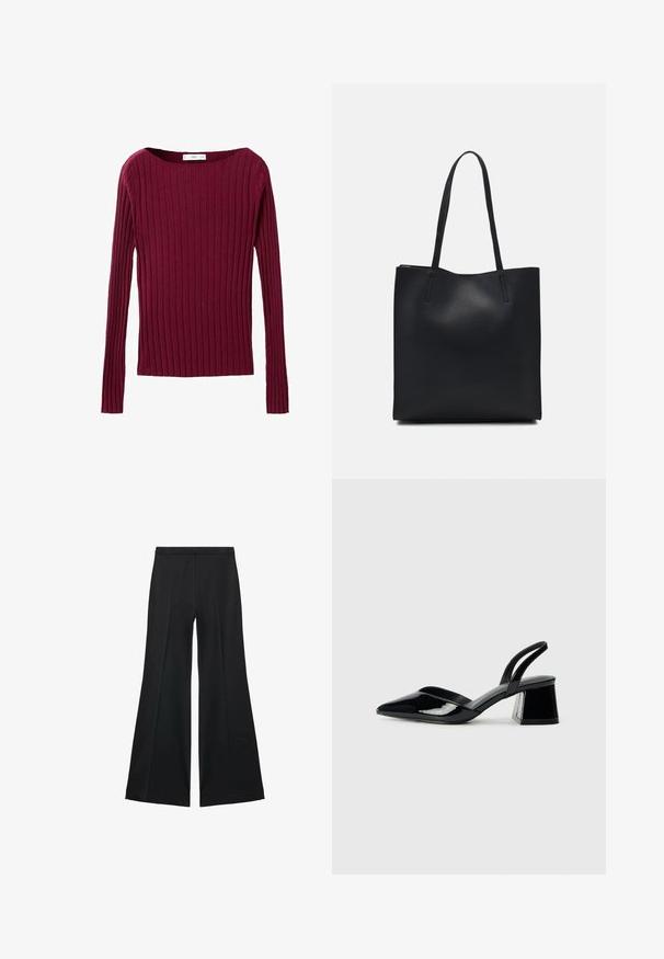 Burgunderfarbenes, geripptes Langarmoberteil mit weitem Ausschnitt und taillierter Silhouette, gefertigt aus einem weichen Strickmaterial.; Schwarze weit geschnittene Hose mit glatter Textur, ausgestattet mit Frontfalten und einem taillierten Design. Der Stoff ist leicht und fließend.; Schwarze Lackleder-Slingback-High Heels mit spitzem Schuh und einem geometrischen Blockabsatz. Verfügt über ein schlankes, minimalistisches Design und eine glatte Textur.; Schwarze Laptoptasche aus Leder mit glatter Textur, rechteckiger Form und zwei langen Griffen. Keine sichtbaren Beschläge oder Verzierungen.