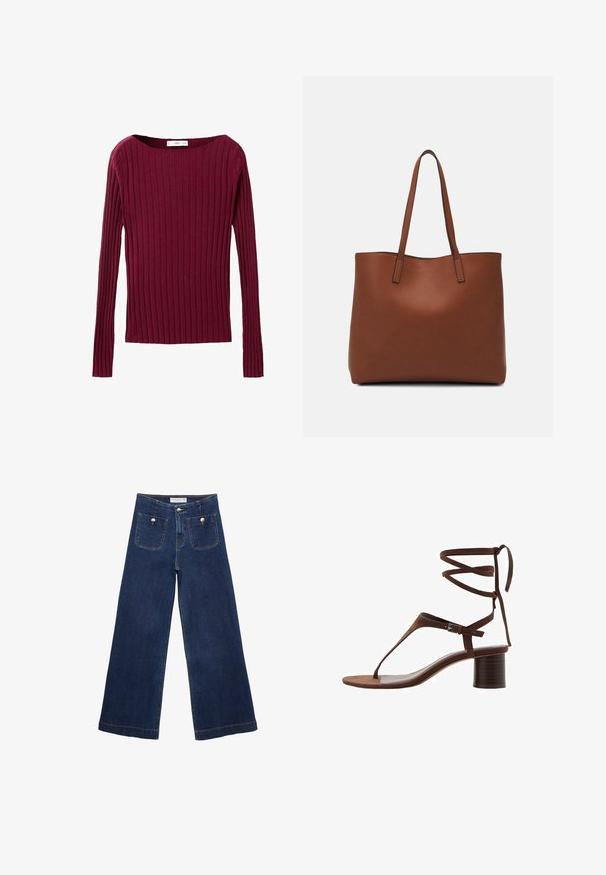 Burgundska rebrasta majica s dugim rukavima i širokim izrezom, prilagođenog kroja, izrađena od mekanog pletenog materijala.; Temno modri široki jeans iz denima, z dvema sprednjima žepoma s dekorativnimi gumbi in ravnim robom.; Rjava semiš sandala na visoki peti s triangularnim pasom za prste, vezanjem okrog gležnja in teksturiranim blok petom za stabilnost.; Rjava usnjena torba z gladko teksturo, odprto zasnovo zgoraj in dvema naramnima trakovoma. Opremljena je z minimalnim šivanjem in brez vidnih kovinskih delov.