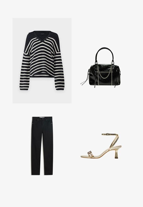 Gestreifter, navy und weißer Strickpullover mit V-Ausschnitt, langen Ärmeln und offenem Strickdetail an den Schultern. Verkürzte Länge mit lockerem Schnitt.; Schwarze Jeans mit geradem Bein, fünf Taschen, Metallknopfverschluss und dezenten Nähten. Glatte Textur.; Goldene metallische Sandalette mit Absatz, Knöchelriemen, zwei schmalen vorderen Bändern und Blockabsatz. Mit dekorativen Verzierungen.; Bershka WITH CHAIN - Handtasche - black