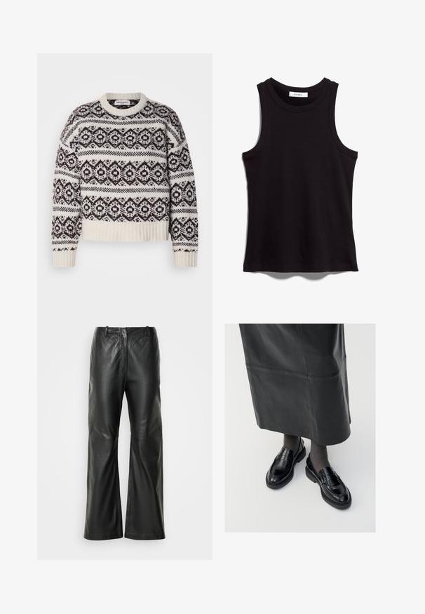 Suéter de punto en crema y marrón oscuro. Presenta un patrón geométrico, cuello y dobladillo de canalé, mangas largas y un corte corto.; Top negro sin mangas fabricado en tejido acanalado. Presenta un cuello redondo y grandes aberturas para los brazos. Dobladillo recto con detalles de costura. Diseño simple.; Pantalones de cuero negro de pernera ancha con una textura suave, que cuentan con una cinturilla de altura media y un detalle de costura mínima en la parte frontal.; Mocasines de cuero negro con un acabado suave, que presentan una tira decorativa, puntera redonda y suela texturizada. Llevados con una falda larga de cuero negro.