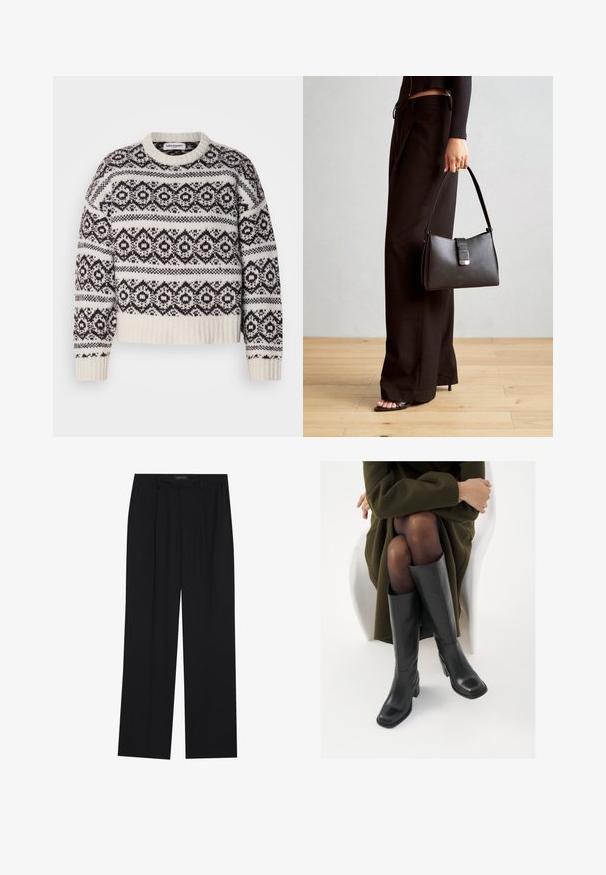 Krém és sötétbarna kötött pulóver. Geometrikus mintával, bordás nyakkivágással és szegéllyel, hosszú ujjaival és rövidített fazonnal rendelkezik.; Fekete nadrág egyenes szárú kialakítással, két első zsebbel és derékrésszel. Simának és könnyű anyagból készült.; Térdfelett érő fekete bőr csizmák négyzet alakú orral és tömbtalppal, olajzöld kabátban ülő modellel bemutatva. Simaság, minimalista részletezés.; Fekete kézi táska strukturált formával, sima textúrával és fémből készült záródással. Széles fekete nadrággal és nyitott orrú szandállal párosítva, fából készült padlón.