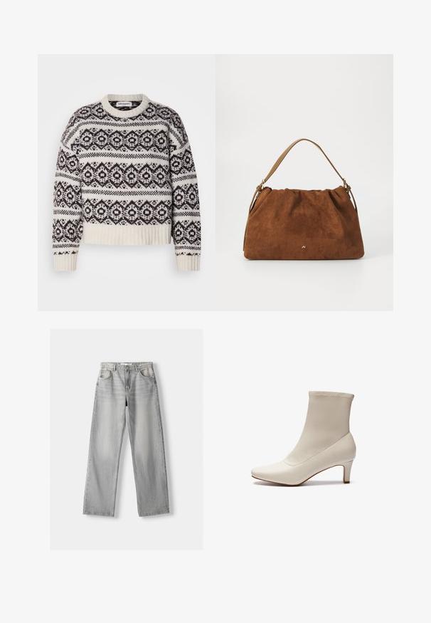 Gebreide trui in crème en donkerbruin. Voorzien van een geometrisch patroon, geribbelde halslijn en zoom, lange mouwen en een cropped snit.; Lichtgrijze denim jeans met een rechte pasvorm, voorzien van twee voorkruizen, een knoopsluiting en subtiele vervaging voor textuur.; Witte enkelboot gemaakt van glad leer met een spitse neus en een korte, taps toelopende hak. Beschikt over een minimalistisch ontwerp en een naadloos bovenwerk.; Bruine suède handtas met een geplooid ontwerp, voorzien van een enkele tan kleur leren schouderband en een subtiele gouden logo-detail aan de voorkant.; Zilveren oorbel met een gepolijste afwerking, met kleine gouden accentdetails en een ronde vorm, gedragen op de oorlel.
