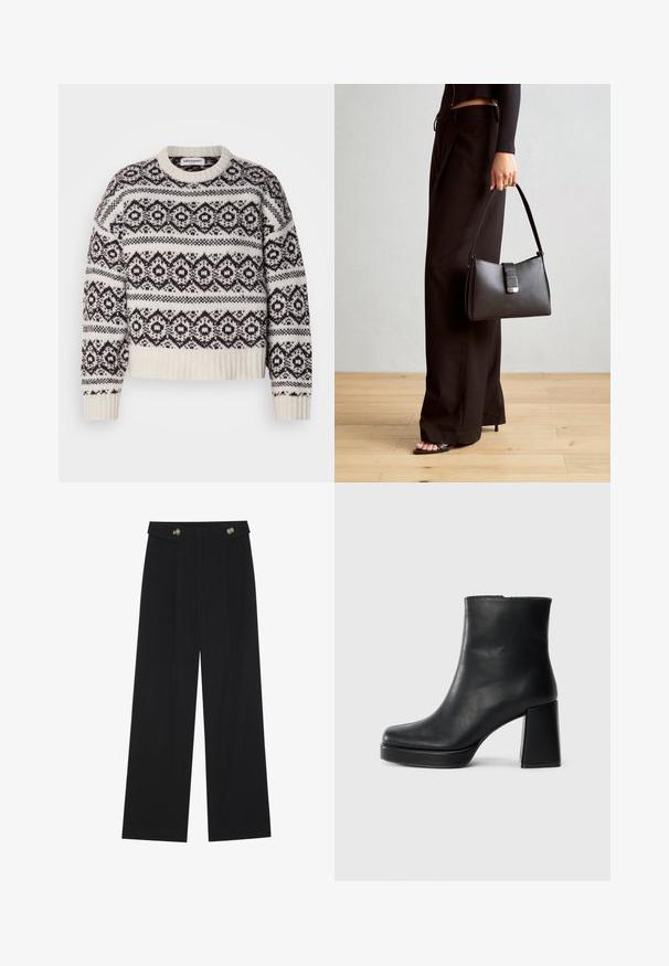 Pleteno pulover v kremni in temno rjavi barvi. Ima geometrijski vzorec, rebrast ovratnik in rob, dolge rokave ter skrajšan kroj.; Črne široke hlače s visokim pasom, gumbnimi detajli na pasu in sprednjimi gubami.; Črne usnjene gležnjarje z blok peto in platformo, prikazane s strani na enobarvni beli podlagi.; Črna torbica z strukturirano obliko, gladko teksturo in kovinskim zaponko. Ujemajo se z širokimi črnimi hlačami in odprtimi sandali na lesenem tleh.
