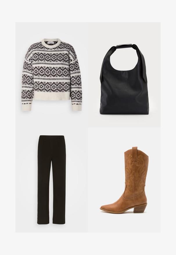 Megztinis kreminės ir tamsiai rudos spalvos. Yra geometrinis raštas, išsikišusi apykaklė ir kraštai, ilgos rankovės ir trumpas kirpimas.; Juodi tiesūs kelnės, pagamintos iš audinio, turinčios lygų priekį, dvi šonines kišenes ir glotnų paviršių. Nėra matomų raštų ar akcentų.; Ruda odinė kantri batai su smailiu būtų pirštu, siuvinėtais spiralės raštais ant viršaus ir su kamščiu blokuotu kulnu. Yra tamprių užtraukių, kad būtų lengviau užsidėti.; Juoda odinė hobo tipo rankinė su viena minkšta, apvalia rankena; pasižymi lygiu paviršiumi ir minimalizmu. Nėra matomų detalių ar akcentų.