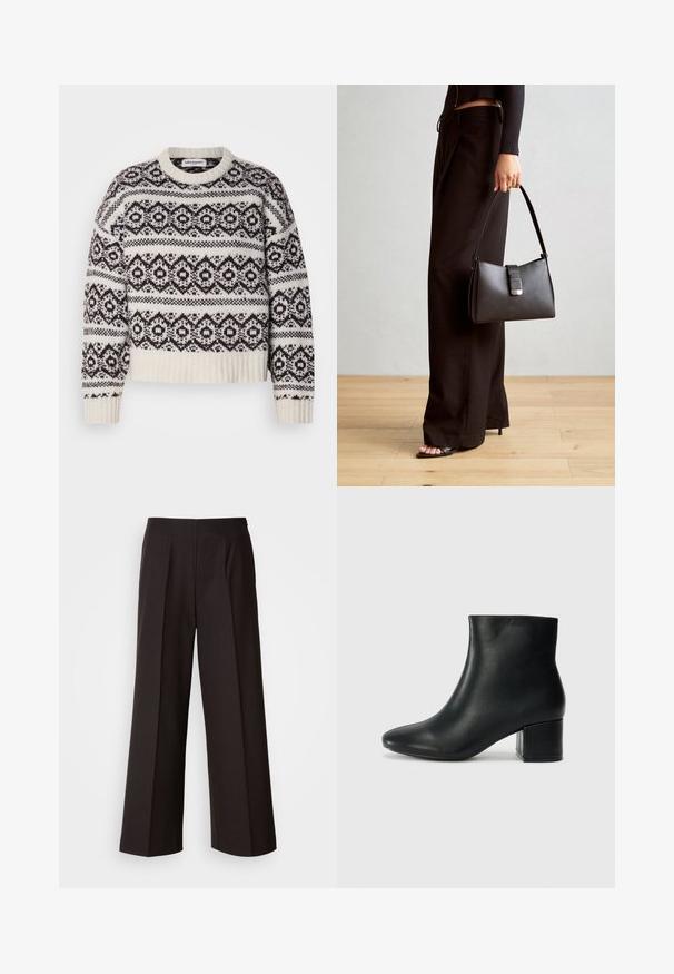 Gebreide trui in crème en donkerbruin. Voorzien van een geometrisch patroon, geribbelde halslijn en zoom, lange mouwen en een cropped snit.; Zwarte wijde broek met een vlakke voorkant, plooien en een soepele stoftextuur. Heeft een hoge taille en een op maat gemaakte snit voor een gestructureerde pasvorm.; Zwarte leren enkellaarzen met een spitse neus en een chunky hak. Gladde textuur met minimale accenten en een slank, strakk ontwerp.; Zwarte handtas met gestructureerde vorm, gladde textuur en een metalen sluiting. Gecombineerd met brede zwarte broeken en sandalen met open teen op een houten vloer.