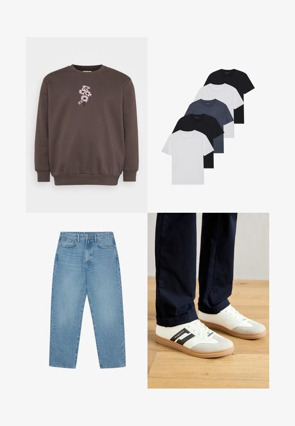Brown sweatshirt with a round neck and long sleeves. Features a pink floral embroidery design on the front, textured fabric, and ribbed cuffs.; Set of five t-shirts in black, white, and navy blue. Cotton fabric, short sleeves, crew neck design, and plain texture with no patterns.; Light blue denim wide-leg jeans with a high waist, featuring five pockets, belt loops, and a soft, slightly faded texture.; White and gray sneakers with black stripes, made of leather, featuring a rubber sole and flat laces. Worn with navy pants on a wooden floor.