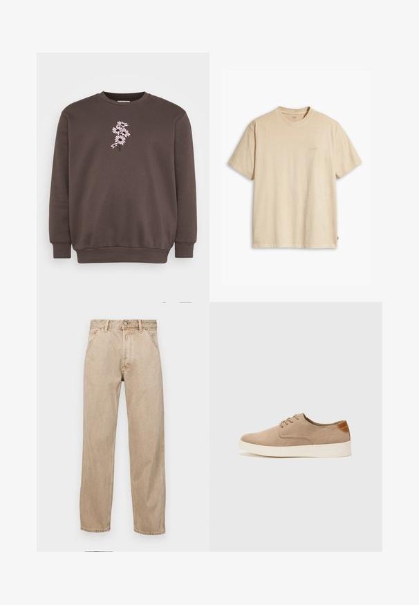 Hnedá mikina s okrúhlym výstrihom a dlhými rukávmi. Na prednej strane má ružový kvetinový výšivkový dizajn, štruktúrovanú tkaninu a ribbované manžety.; Béžové bavlnené tričko s okrúhlym výstrihom a krátkymi rukávmi. Na hrudi je jemné logo "Levi's" v tej istej farbe. Mäkká textúra.; Bežové denimové rifle so strihom rovného nohu, s prednými vreckami, kovovým zapínaním na gombík a jemnou textúrou.; Béžové semišové tenisky s okrúhlou špičkou, šnurovaním vpredu a textúrovaným zadným akcentom. Biela gumová podrážka poskytuje kontrast. Jednoduchý a moderný dizajn.