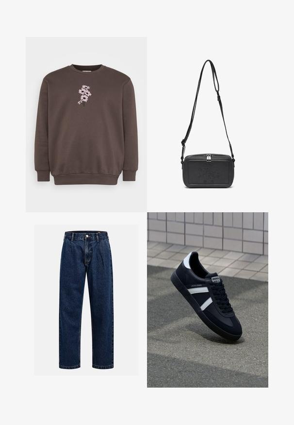 Brun sweatshirt med rund hals og lange ærmer. Har et pink blomsterbroderi design på forsiden, tekstureret stof og ribbede cuffs.; Mørkeblå denimjeans med lige ben-design. Har synlige syninger, en knaplukning og frontfoldninger for ekstra detalje.; Sort lædersneaker med hvide striber, tekstureret gummisål og snørrebånd foran. Har et brandet mærke på tungen.; Sort læder crossover taske med lynlåslukning, præget logo på fronten og justerbar rem. Glat tekstur med rektangulær form.