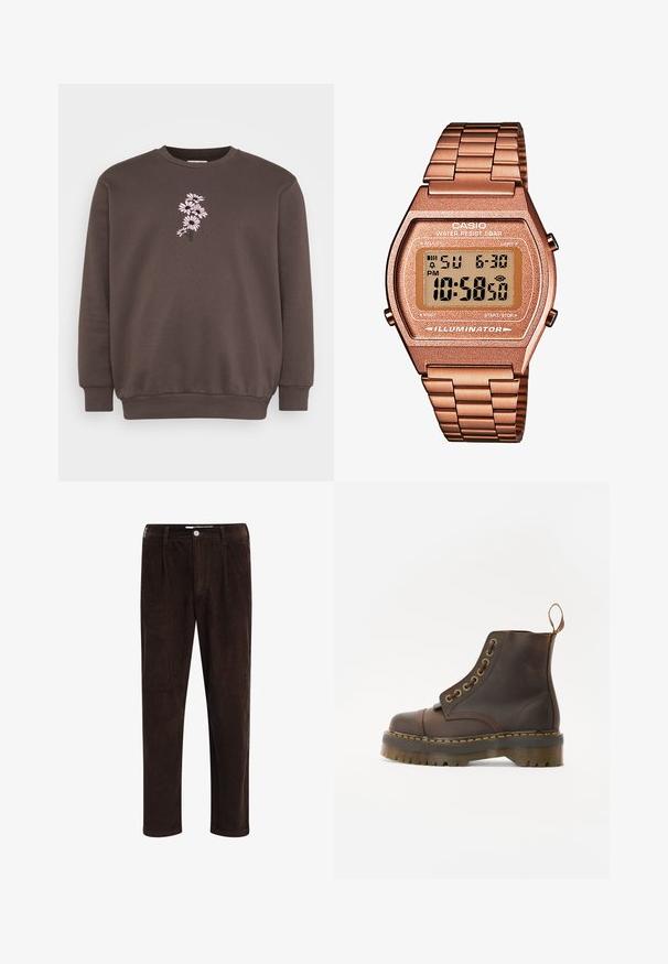 Brun sweatshirt med rund hals og lange ærmer. Har et pink blomsterbroderi design på forsiden, tekstureret stof og ribbede cuffs.; Redefined Rebel JOHN COMFORT FIT - Bukser - demitasse; Brun læder ankelstøvle med rund tå, kontrasterende gul syning, dekorative metaløjer og en ribbet gummisål.; Digital Casio ur med et roseguld metalarmbånd, rektangulær kasse, oplyst skærm og vandtæthed, som viser tid og dato.