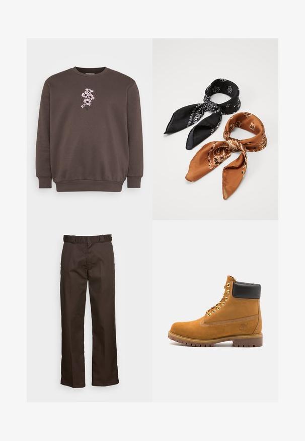 Bruine sweatshirt met een ronde hals en lange mouwen. Voorzien van een roze bloemenborduurdesign aan de voorkant, textuurstof en geribde manchetten.; Bruine broeken met een recht model, met een platte voorkant, riemlussen en een stevige textuur. Eenvoudig ontwerp zonder patronen of accenten.; Tan suède enkelboot met zwart gevoerd kraagje, gouden metalen oogjes, witte stikdetails en een robuuste rubberen zool met uitgesproken profiel.; Twee gebloemde sjaals: de ene zwart met witte ontwerpen, de andere bruin met oranje accenten. Beide zijn van satijn gemaakt en hebben puntige uiteinden.