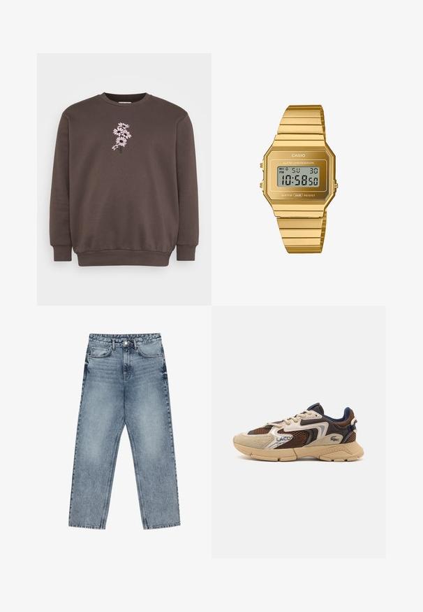 Brauner Pullover mit Rundhalsausschnitt und langen Ärmeln. Mit einem pinken Blumenstickdesign auf der Vorderseite, strukturiertem Stoff und gerippten Bündchen.; Hellblaue Jeans aus Denim mit geradem Schnitt, sichtbaren Nähten, fünf Taschen-Design und einem Knopfverschluss an der Taille.; Beige und braune Sneakers mit strukturierten Netzpaneelen, Wildlederakzenten und einer Gummisohle. Verfügt über ein Schnürdesign und Marken-Detailing.; Casio Digitaluhr mit achteckigem Gehäuse aus vergoldetem Edelstahl und Armband, ausgestattet mit LCD-Anzeige, Wecker und Wasserbeständigkeit.