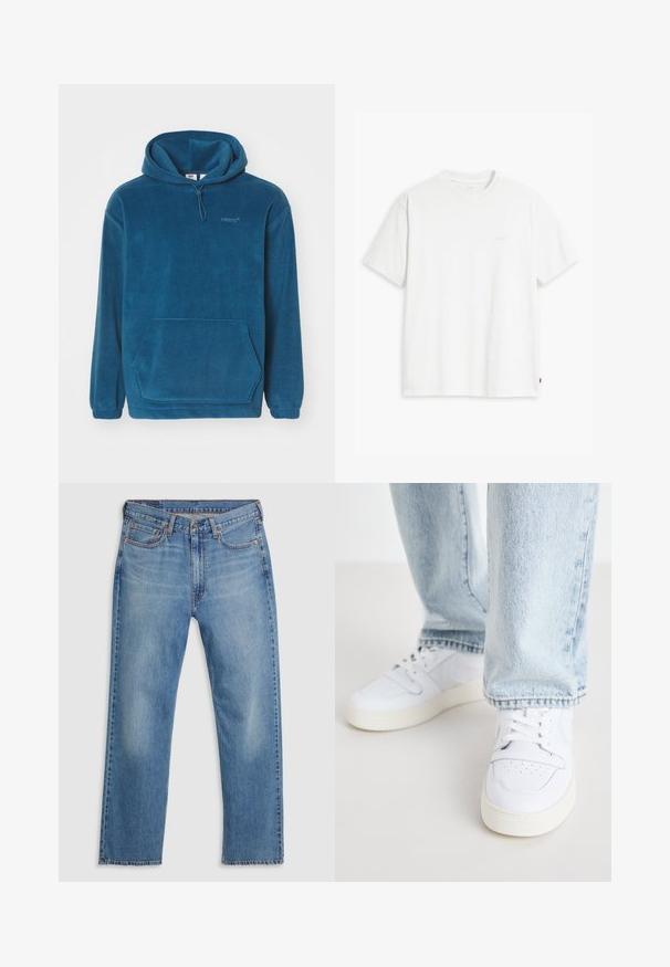 Zils flīsa džemperis ar kangoru kabatu, regulējamu kapuci ar auklu un elastīgām piedurknēm. Uz krūšu ir diskreta logo.; Balta kokvilnas T-krekls ar īsām piedurknēm, apaļu kakla izgriezumu un maigi redzamu Levi's logotipu centrā. Mīksta tekstūra un standarta piegriezums.; Zilā taisno kāju džinsu bikses ar priekšējo pogu un rāvējslēdzēju, jostas cilpām un piecu kabatu dizainu uz baltā fona.; Biezi balti ādas apavi līdz potītei ar perforētu purngalu, plakaniem šņorēm un minimālistisku dizainu. Saskaņoti ar gaiši ziliem džinsiem.