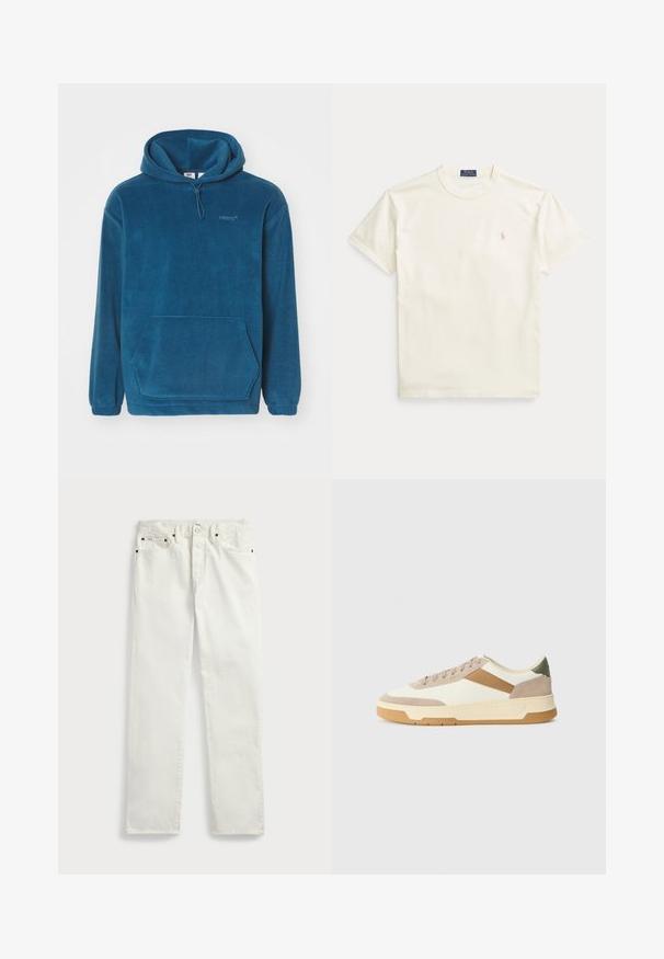 Felpa blu in pile con tasca a marsupio, cappuccio regolabile con cordino e polsini elasticizzati. Presenta un logo discreto sul petto.; T-shirt in cotone color crema con maniche corte. Presenta un logo ricamato sottile sul petto a sinistra e una scollatura rotonda.; Jeans in denim bianco con taglio dritto, caratterizzati da cinque tasche, bottoni metallici e dettagli di cucitura lungo le cuciture. Texture liscia.; Sneaker in beige, crema e verde oliva, con materiali in suede e pelle, punta rotonda, design minimalista e suola in gomma.