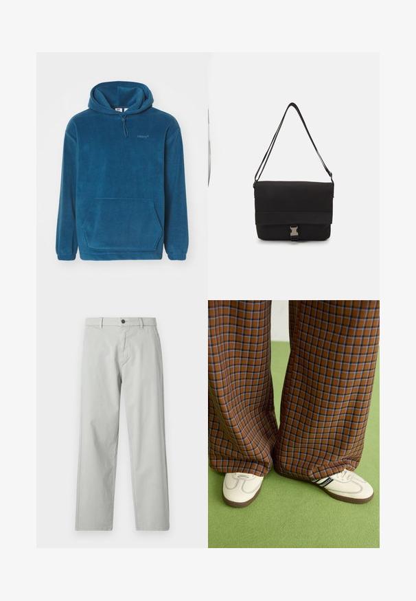 Felpa blu in pile con tasca a marsupio, cappuccio regolabile con cordino e polsini elasticizzati. Presenta un logo discreto sul petto.; Pantaloni grigi chiari a gamba dritta realizzati in un tessuto morbido e intrecciato. Presentano una chiusura con bottone anteriore e tasche laterali. Stile minimalista.; Pantaloni a pieghe larghi a quadri marroni e blu abbinati a scarpe bianche con dettagli neri e suole testurizzate, posizionati su uno sfondo verde.; Borsa a tracolla nera realizzata in materiale liscio, con un lembo pieghevole, hardware in metallo argentato e una tracolla regolabile.