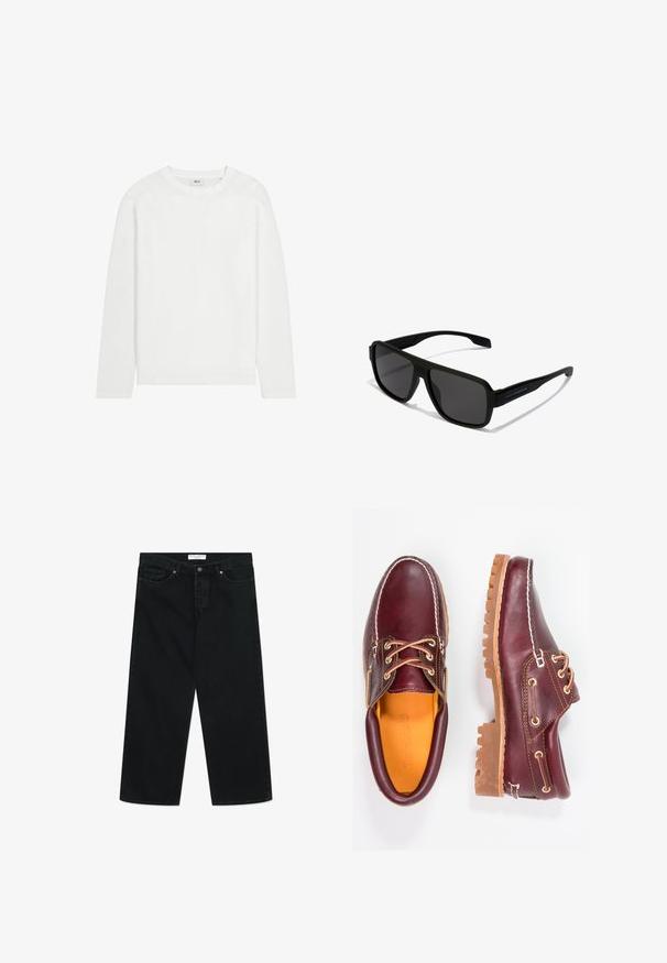Langarm-Woll-T-Shirt aus weißer Baumwolle mit Rundhalsausschnitt, geradem Saum und minimalistischem Design. Glatte Textur, ohne Muster oder Akzente.; Schwarzes T-Shirt mit kurzen Ärmeln und rundem Ausschnitt, aus einem glatten, dehnbaren Stoff gefertigt. Die Passform ist slim, so dass es eng am Körper anliegt.; Schwarze weit geschnittene Jeans aus Denim-Stoff, mit einer Vorderknopfschließe, Gürtelschlaufen und Taschen. Hervorragende Textur, minimalistisches Design.; Bordeauxfarbene Lederschuhe mit braunen Gummisohlen, runder Zehenform, weißen Nähten und goldenen Ösen. Das Innenfutter weist eine gelbe Beschichtung auf.; Hawkers PARLAY - Sonnenbrille - black