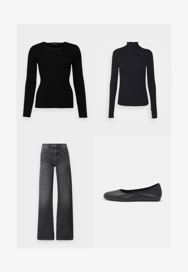 Juodas dryžuotas ilgomis rankovėmis megztinis su apvalia iškirpte ir prigludusia siluetu, pagamintas iš minkštos medžiagos, su tekstūruotu raštu.; Juodas ilgomis rankovėmis turtleneko tipo viršus, pagamintas iš lygaus audinio, su raukšlėtu kaklu ir prigludusia siluetu, turinčiu paprastus kraštus.; Juodos džinsai su aukštu liemeniu ir plačiomis kojomis. Turi penkias kišenes ir subtilų išblukusį tekstūrą su kontrastingais siuvinėjimais.; Juodai odiniai baletai su apvaliu pirštu, lygi texture, minimalus siuvimo detales ir lanksčiu padų dizainu.