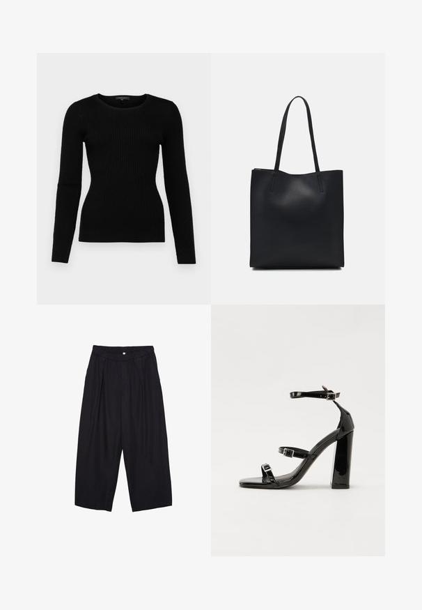 Černý žíhaný svetr s dlouhými rukávy a kulatým výstřihem, s přiléhavým střihem, vyrobený z měkkého materiálu a se strukturovaným vzorem.; Černé polyesterové culotte kalhoty s elastickým pasem, dvěma předními sklady a volným siluetou. Žádné viditelné vzory ani kovové detaily.; Černé lakované sandály na podpatku se čtveratou špičkou, lýtkovými pásky a stříbrnými přezkami. Disponují masivním blokovým podpatkem pro stabilitu.; Černá kožená taška přes rameno s hladkým povrchem, obdélníkovým tvarem a dvěma dlouhými uchy. Žádné viditelné kování ani ozdoby.