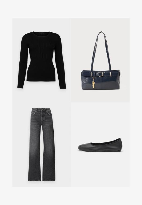 Juodas dryžuotas ilgomis rankovėmis megztinis su apvalia iškirpte ir prigludusia siluetu, pagamintas iš minkštos medžiagos, su tekstūruotu raštu.; Juodos džinsai su aukštu liemeniu ir plačiomis kojomis. Turi penkias kišenes ir subtilų išblukusį tekstūrą su kontrastingais siuvinėjimais.; Juodai odiniai baletai su apvaliu pirštu, lygi texture, minimalus siuvimo detales ir lanksčiu padų dizainu.; Jūrinės odos rankinė su dviem ilgais rankenomis, sagties detalė ir pridėtas raktų pakabukas. Turi lygią tekstūrą ir stačiakampio formą.