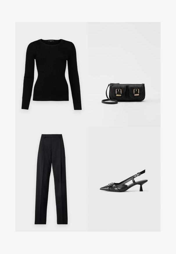 Schwarzer gerippter Langarmpullover mit Rundhalsausschnitt und figurbetonter Silhouette, aus weichem Material gefertigt, mit einem strukturierten Muster.; Schwarze Hosen aus glattem Stoff mit hoher Taille, weitem Bein, vorderen Falten und klassischen Gürtelschlaufen. Keine sichtbaren Seitentaschen.; Schwarzer Leder-Slingback-Schuh mit spitz zulaufender Zehenpartie, dekorativen Riemen mit METALLÖSEN und niedrigem Blockabsatz. Strukturelle Oberfläche.; Schwarze Leder-Umhängetasche mit zwei vorderen Taschen, goldenen Schnallen, Reißverschluss und einem schmalen Tragegurt. Texturierte Oberfläche und kompakte rechteckige Form.
