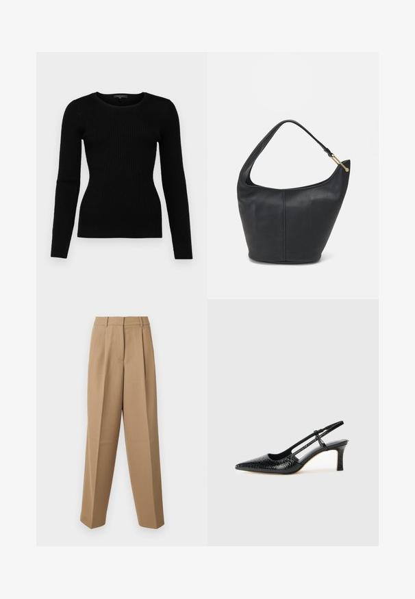 Svart ribbete genser med lange ermer, rund hals og tettsittende silhuett, laget av mykt materiale, med et strukturert mønster.; Beige skræddersyede bukser med høj talje, plisseret front og brede ben. Stof virker glat med en let glans.; Sorte patent slingback hæl med spids tå, featuring tekstureret slangeskind, justerbar rem og en kort, tekstureret blokhæl.; Svart lærveske med en rund form, bred stropp og strukturert overflate. Har en subtil sømdetalj og gullfarget beslag.