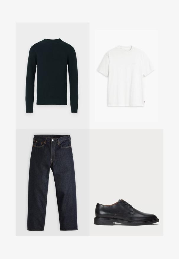 Pulover negru cu mânecă lungă și guler rotund, având mansete, guler și tiv cu nervuri, expus pe un fundal alb simplu.; Tricou alb din bumbac cu mâneci scurte, guler rotund și logo-ul subtil Levi's imprimat în centrul său. Textură moale și croială standard.; Jeans de denim albastru închis, cu croială dreaptă, cinci buzunare, cusături contrastante de portocaliu și fermoar cu buton. Fără modele sau embellishments vizibile.; Pantofle din piele neagră cu vârful rotund, design cu șireturi și toc jos stratificat. Textură netedă cu detalii de cusătură minime.