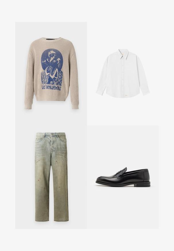 Pull en tricot beige avec un graphique bleu représentant une personne tenant une fleur et le texte "Les Benjamins" à l'avant.; Chemise blanche à boutons avec un col classique, des manches longues et un ourlet arrondi ; présente un petit logo orange en bas à gauche.; Jeans en denim déchiré de couleur vert clair, avec une coupe droite, un design à cinq poches et un délavage inégal agrémenté de taches de peinture.; Mocassins en cuir noir avec une texture lisse, bout rond et une sangle décorative sur le dessus. Talon bas empilé, design minimaliste.
