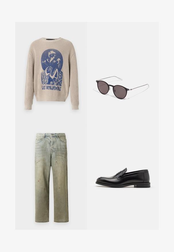 Maglione lavorato a maglia beige con grafica blu di una persona che tiene un fiore e testo "Les Benjamins" sul davanti.; Jeans in denim strappato di colore verde chiaro, con gamba dritta, design a cinque tasche, sbiaditure irregolari e schizzi di vernice.; Mocassini neri in pelle con una texture liscia, punta arrotondata e una striscia decorativa sulla tomaia. Tacco basso impilato, design minimalista.; Occhiali da sole neri rotondi con lenti scure e sottili bracci in metallo. Include punte trasparenti e accenti argentati alla cerniera. Design minimalista.