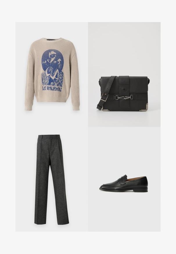 Beige neulepaita, jossa on sininen graafinen kuva henkilöstä, joka pitää kukkaa, ja teksti "Les Benjamins" edessä.; Harmaat räätälöidyt housut, jotka on valmistettu teksturoidusta kankaasta, ja niissä on kaksi etutaskua ja suora lahjemuoto. Ei näkyviä taskuja tai koristeluja.; Musta nahkainen loafer, jossa on pyöreä kärki, hienovarainen ommelkoristelu ja matala korko, joka on varustettu sileällä pinnalla ja minimalistisella designilla.; Mustat nahkaiset viestintälaukut, joissa on teksturoitu pinta, metalliset yksityiskohdat, säädettävä hihna ja läppä suljenta, jossa on solk yksityiskohtia.