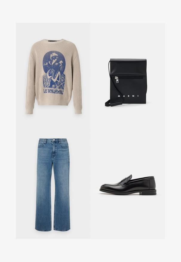 Sweater de malha beige com gráfico azul de uma pessoa a segurar uma flor e o texto "Les Benjamins" na parte da frente.; Jeans azuis de perna larga, feitos de denim com um acabamento desbotado. Apresentam cinco bolsos, um fecho frontal com botão e um corte reto.; Mocassins de couro preto com uma textura suave, bico arredondado e uma faixa decorativa sobre o peito do pé. Salto baixo e empilhado, design minimalista.; Bolsa de couro preta a tiracolo com um bolso frontal com fecho, logotipo em relevo e alça ajustável. Textura suave com uma forma estruturada.