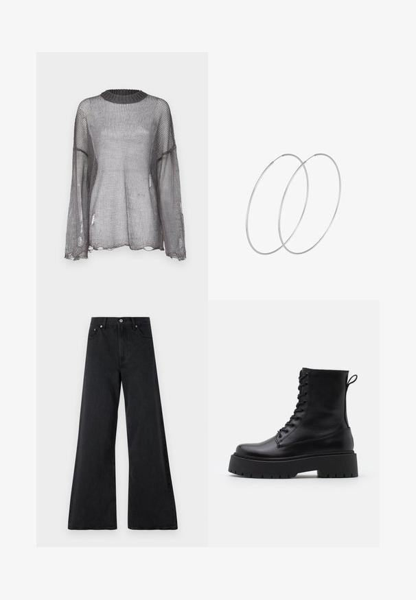 The Ragged Priest FEVER HEAT - Jumper - grey/white; Black wide-leg jeans made of textured denim, featuring a button closure, belt loops, and front pockets. Smooth finish with a loose fit.; Black leather ankle boots with a round toe, lace-up front, and a thick rubber sole featuring a textured tread. Pull tab at the back.; Silver hoop earrings with a minimalist design. Circular shape, smooth texture, and thin profile. Lightweight with a polished finish.